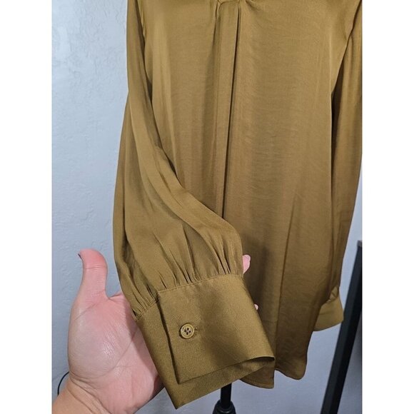 Catherine Malandrino size Large Olive Long Sleeve Blouse Bronze Studded Satin - Picture 3 of 8